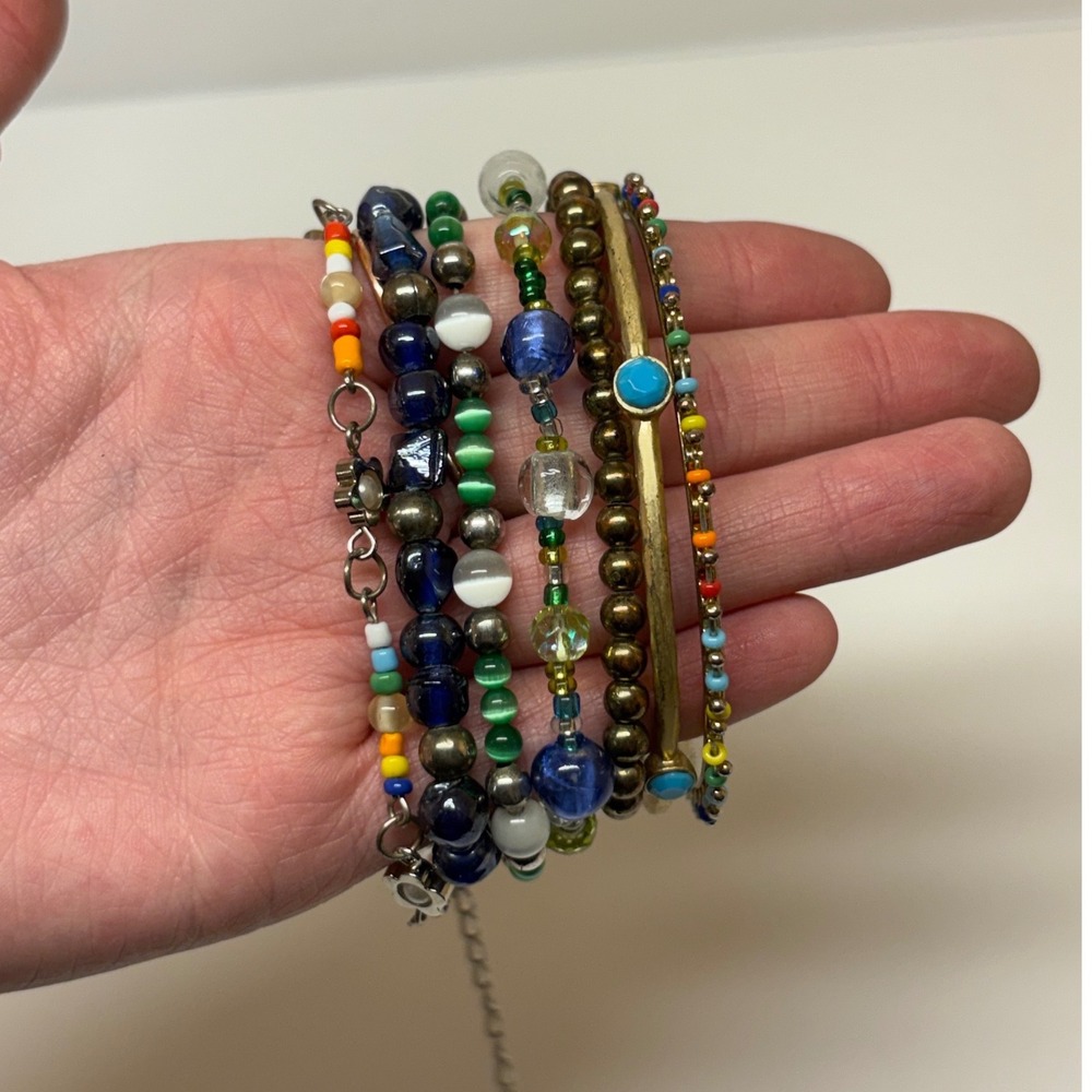 Mixed Bracelet Lot 7pc Boho Beaded Glass Bangle Multi-Color Gold Tone